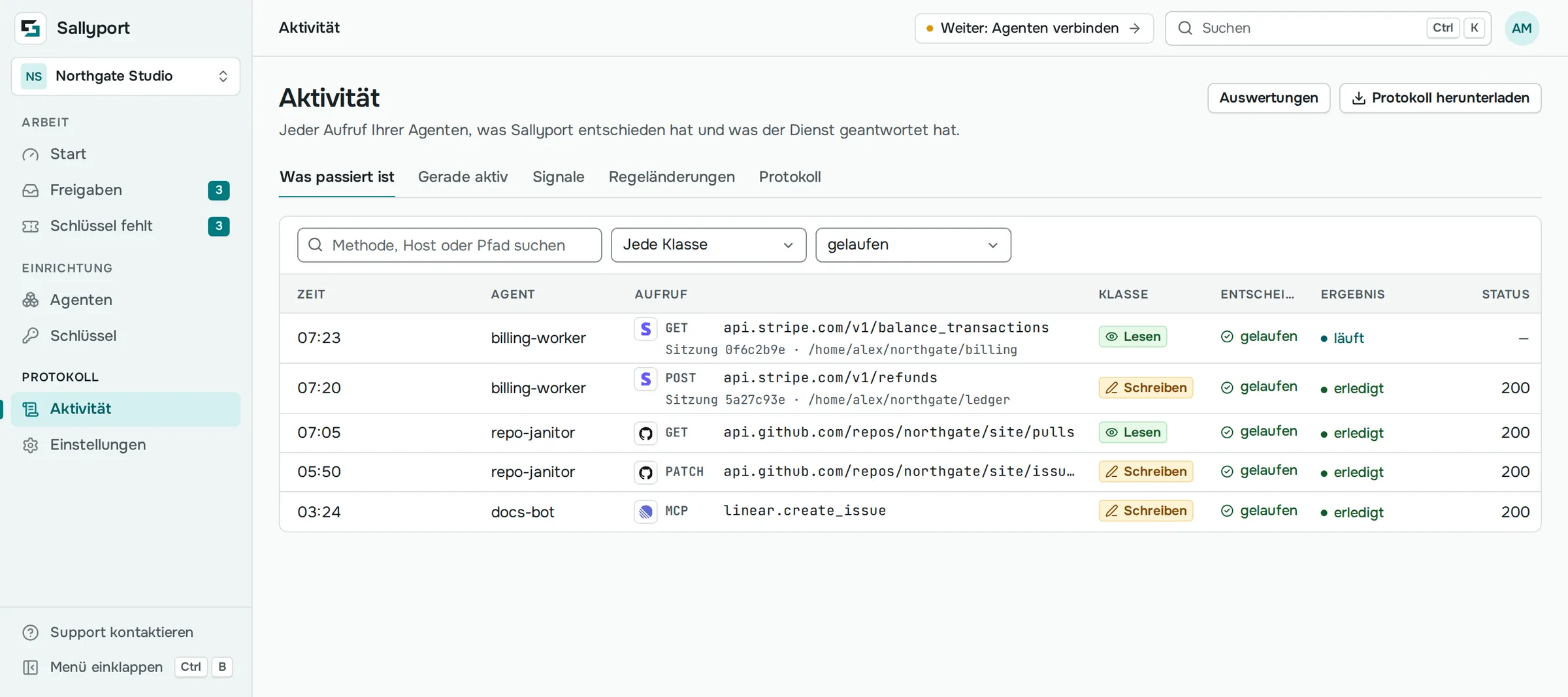 Die Konsole von Sallyport: die Liste Aktivität mit den ausgeführten Aufrufen, darunter eine Rückerstattung in Stripe, von drei Agenten an Stripe, GitHub und Linear.