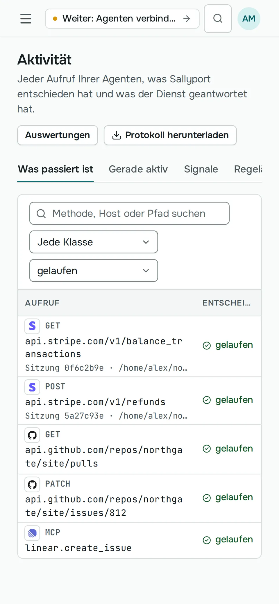 Die Liste Aktivität auf dem Handy: Aufrufe an Stripe, GitHub und Linear, jeder mit „gelaufen“ markiert.