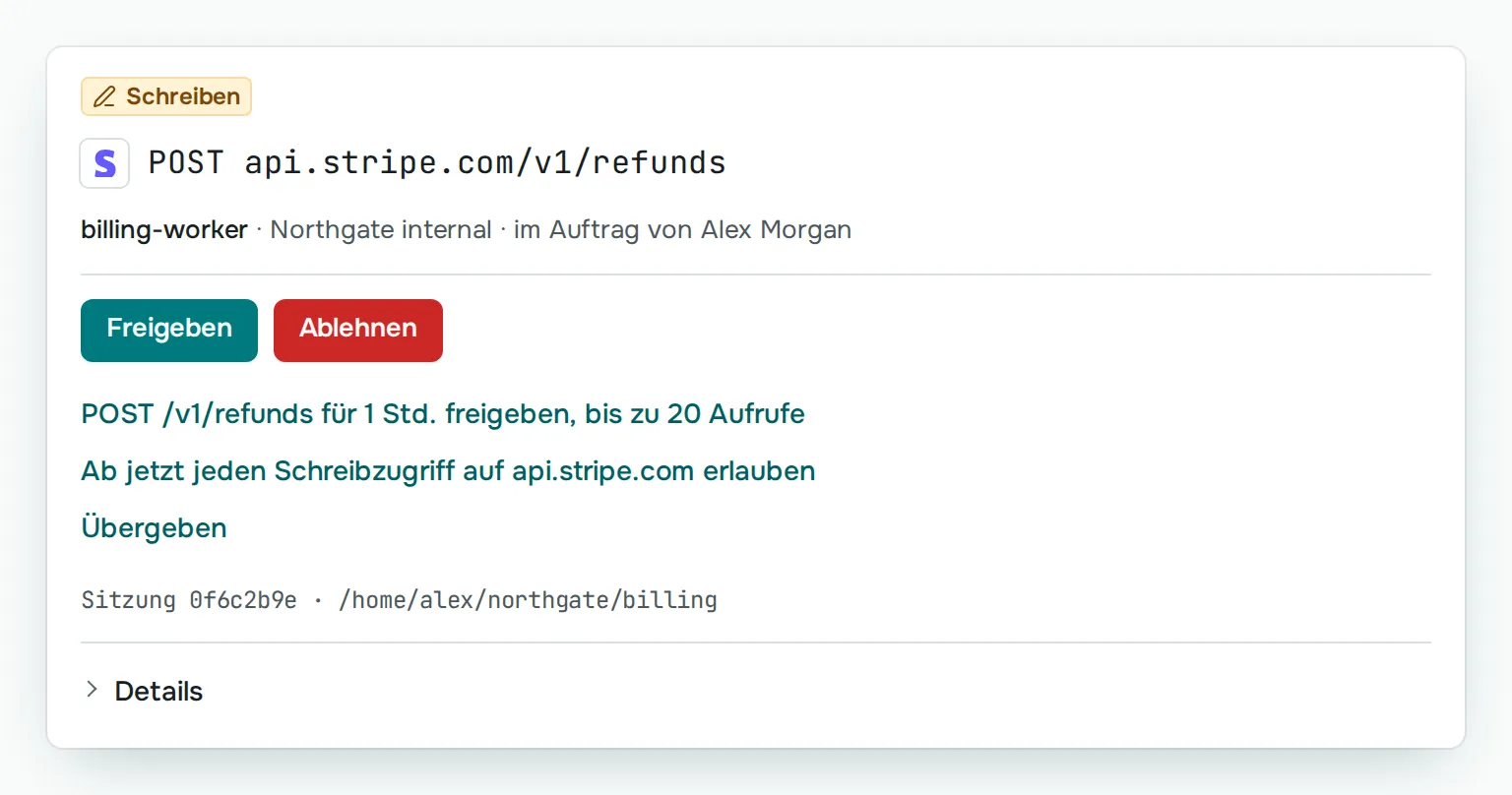 Eine Rückerstattung in Stripe wartet auf eine Person: billing-worker möchte ein POST an api.stripe.com/v1/refunds senden, mit den Schaltflächen „Freigeben“ und „Ablehnen“.