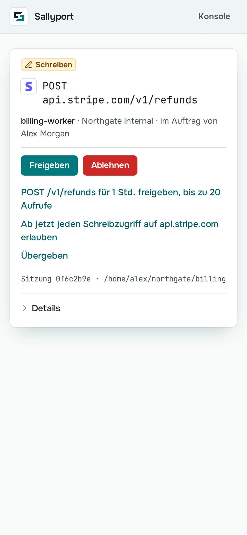 Dieselbe Rückerstattung in Stripe auf dem Handy: die Freigabekarte mit dem Agenten, der Anfrage und den Schaltflächen „Freigeben“ und „Ablehnen“.