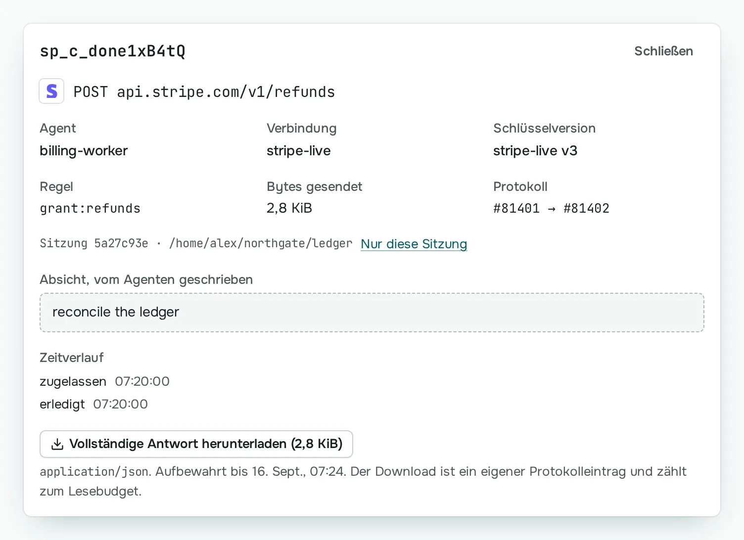 Eine Rückerstattung in Stripe im Protokoll von Sallyport: ausgelöst von billing-worker mit dem Schlüssel stripe-live in Version 3, durchgelassen von einer bestehenden Berechtigung, festgehalten als Protokolleinträge 81401 und 81402.