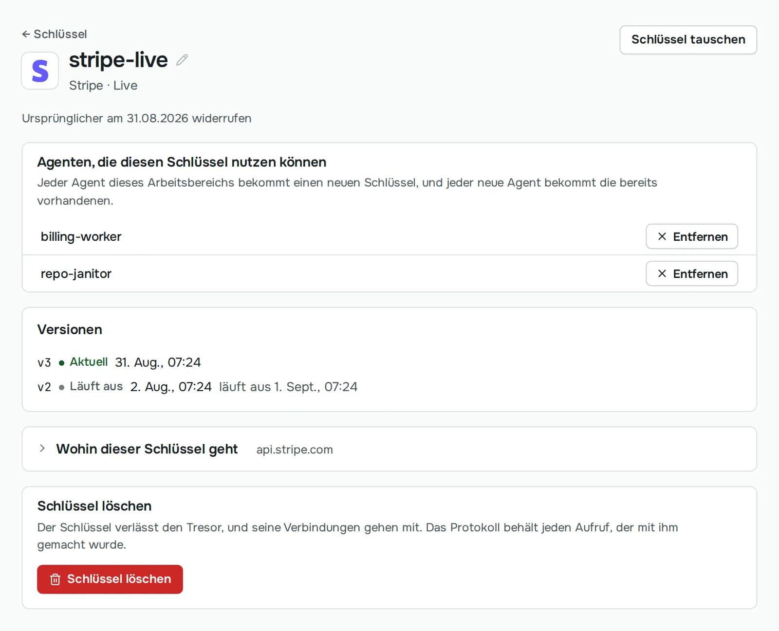 Der Schlüssel stripe-live in Sallyport: die Agenten, die ihn nutzen dürfen, seine aktuelle Version 3 und die auslaufende Version 2, und wohin er gesendet wird. Der Schlüssel selbst wird nie angezeigt.