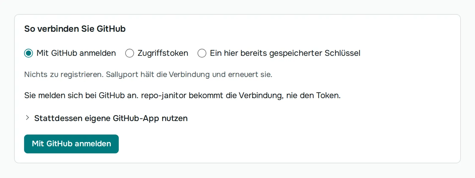 Ein Agent hat um GitHub gebeten: die Karte, die den Dienst verbindet, mit ausgewählter Anmeldung über GitHub. repo-janitor bekommt die Verbindung, nie den Token.
