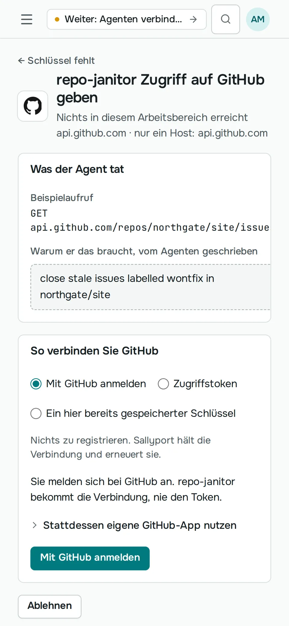 Dieselbe Anfrage für GitHub auf dem Handy: was der Agent gerade tat, warum er Zugriff braucht, und die Schaltfläche „Mit GitHub anmelden“.