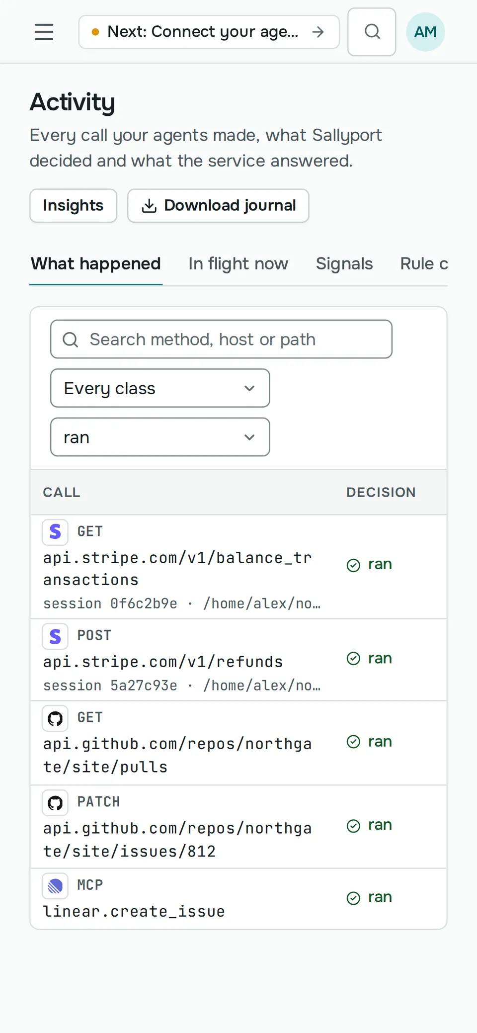 The Activity list on a phone: calls to Stripe, GitHub and Linear, each marked as ran.