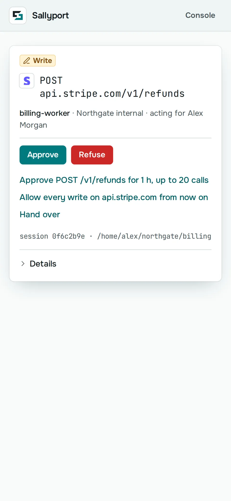 The same Stripe refund on a phone: the approval card with the agent, the request and the Approve and Refuse buttons.