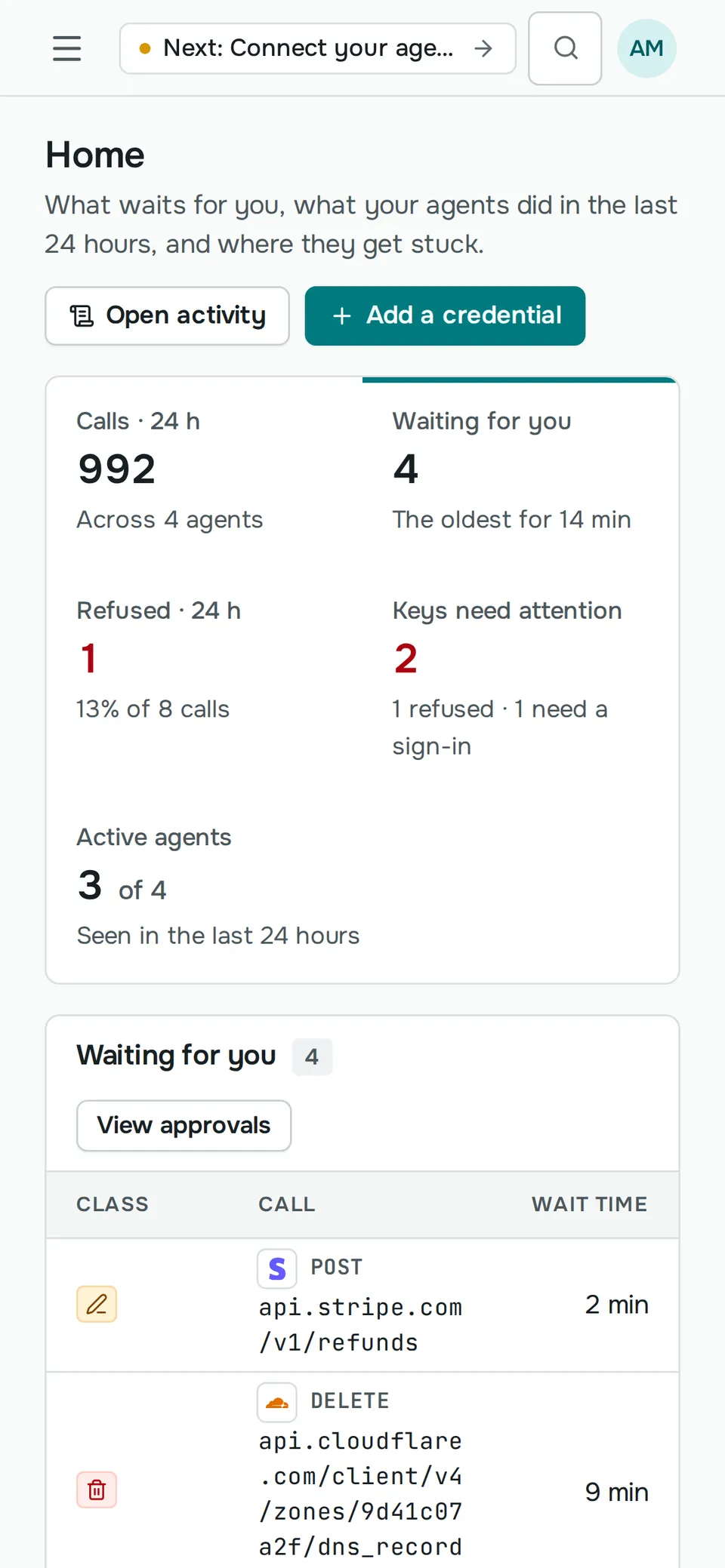 The Sallyport home screen on a phone: calls in the last 24 hours, four waiting for a person, keys that need attention, and the Stripe refund first in the waiting list.