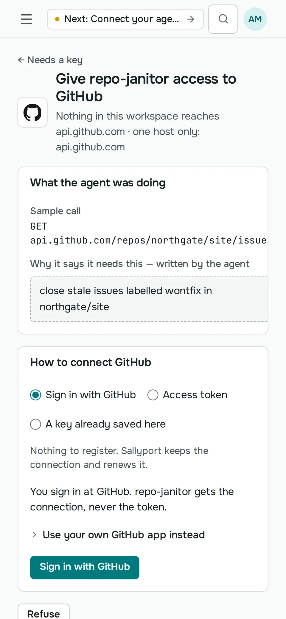 The same GitHub request on a phone: what the agent was doing, why it needs access, and the Sign in with GitHub button.