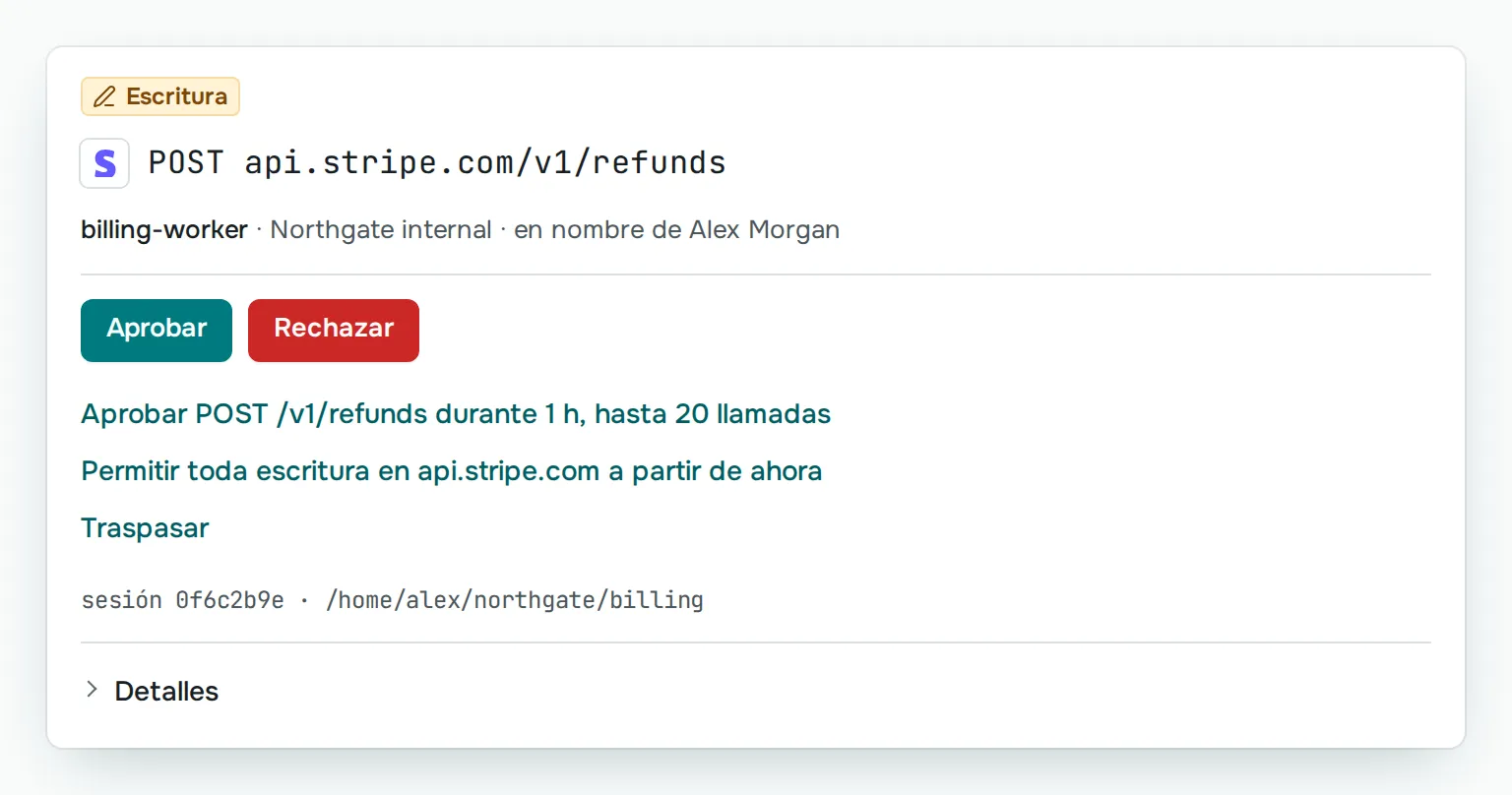 Un reembolso en Stripe esperando a una persona: billing-worker pide hacer un POST a api.stripe.com/v1/refunds, con los botones «Aprobar» y «Rechazar».