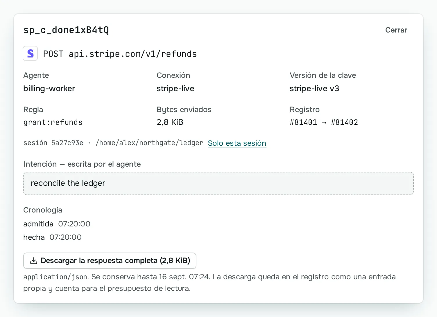 Un reembolso en Stripe en el registro de Sallyport: hecho por billing-worker con la clave stripe-live, versión 3, permitido por una autorización vigente y anotado como las entradas 81401 y 81402 del registro.