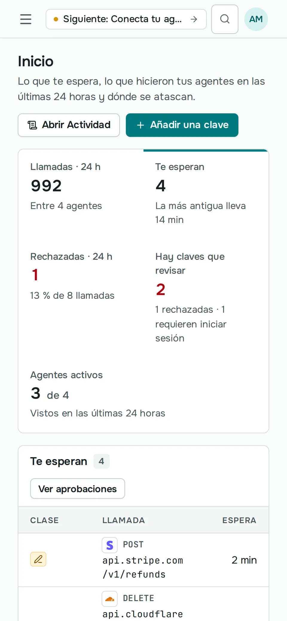 La pantalla de inicio de Sallyport en un teléfono: llamadas de las últimas 24 horas, cuatro esperando a una persona, claves que requieren atención y el reembolso en Stripe primero en la lista de espera.