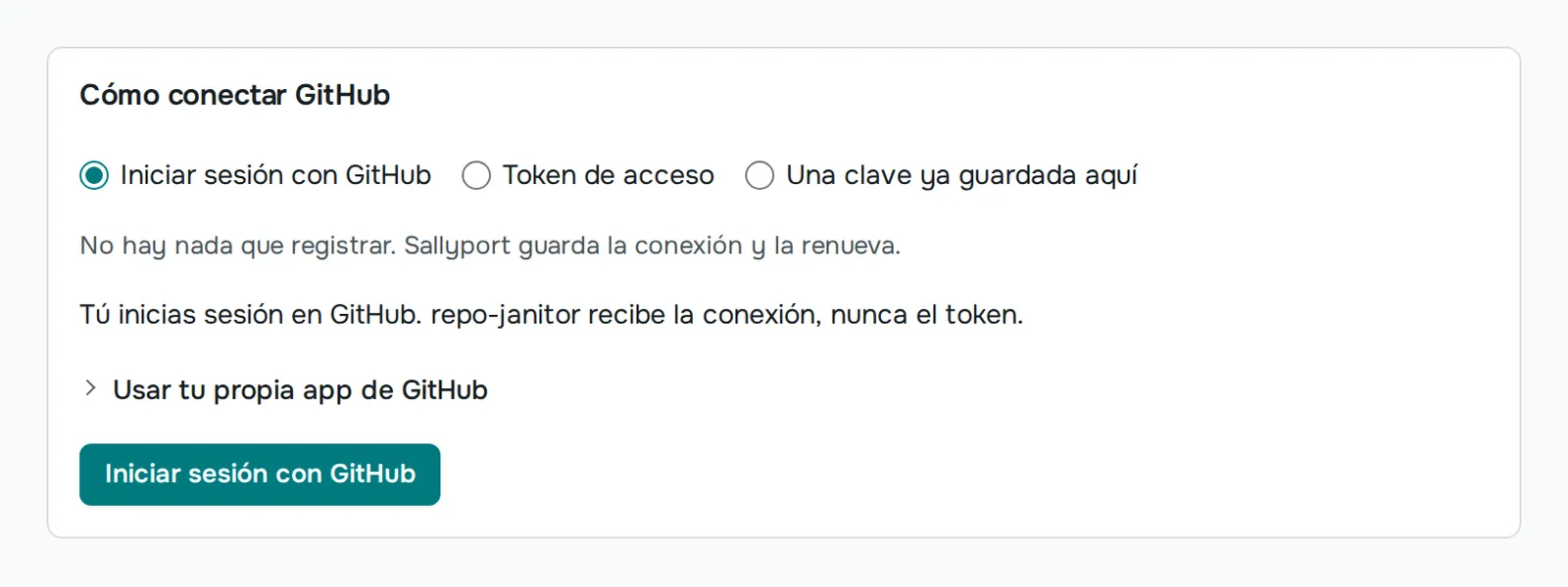 Un agente pidió acceso a GitHub: la tarjeta que lo conecta, con «Iniciar sesión con GitHub» elegido. repo-janitor recibe la conexión, nunca el token.