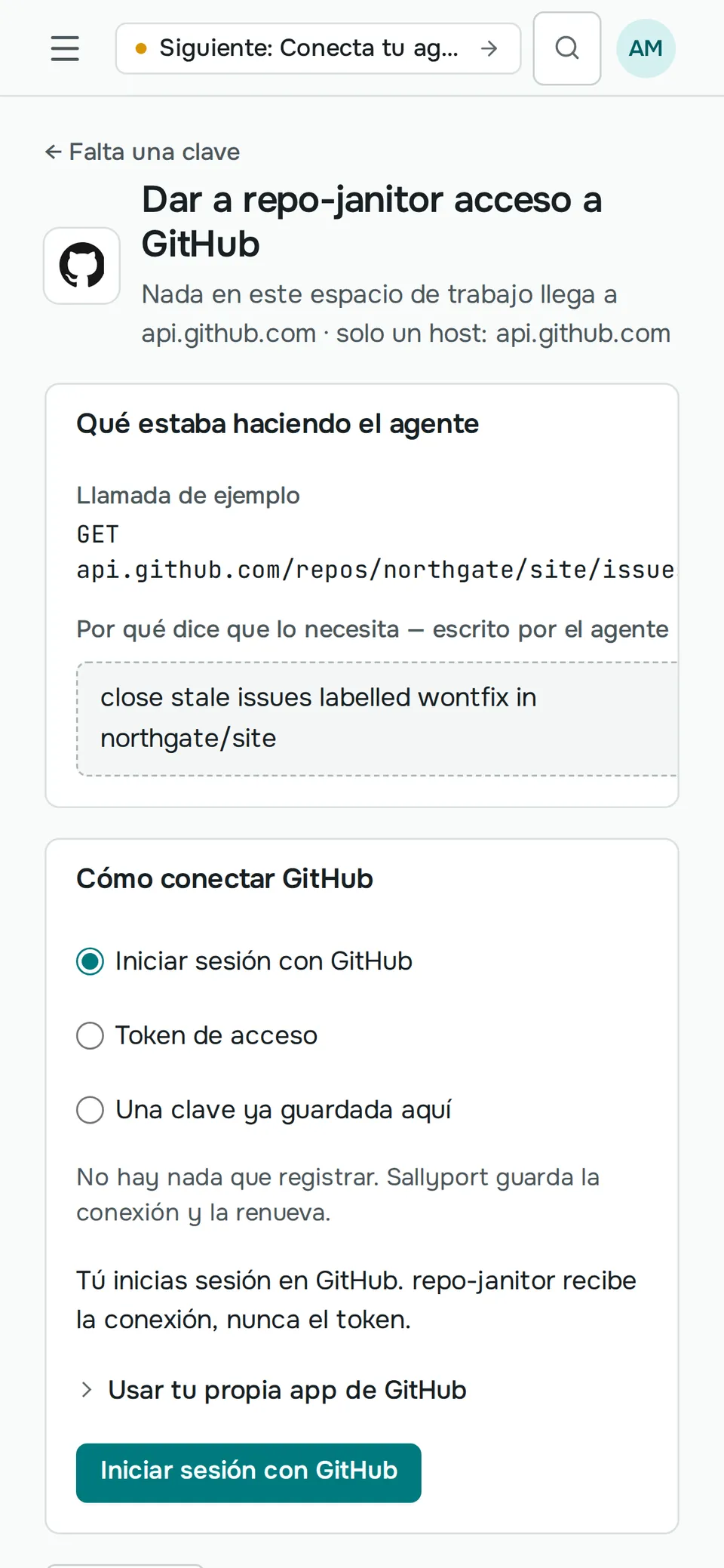 La misma solicitud de GitHub en un teléfono: qué estaba haciendo el agente, por qué necesita acceso y el botón «Iniciar sesión con GitHub».