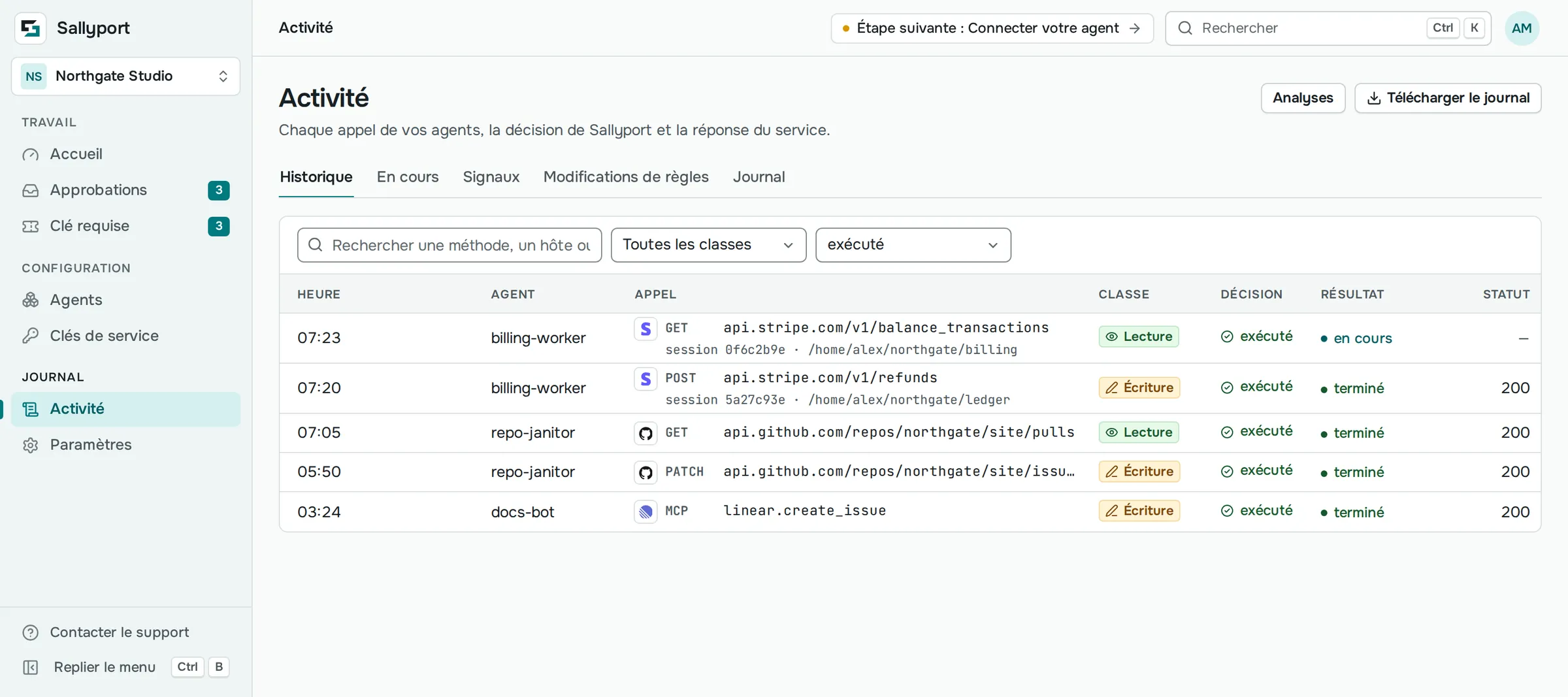 La console Sallyport : la liste Activité avec les appels exécutés, dont un remboursement Stripe, passés par trois agents vers Stripe, GitHub et Linear.