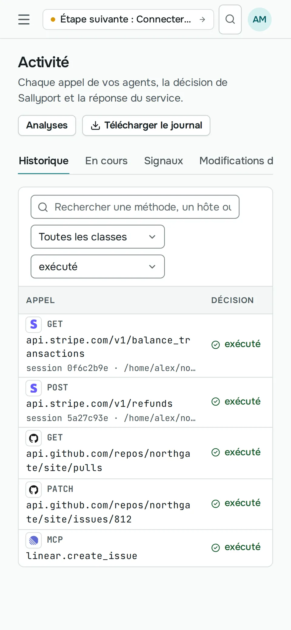 La liste Activité sur un téléphone : des appels vers Stripe, GitHub et Linear, chacun marqué comme exécuté.