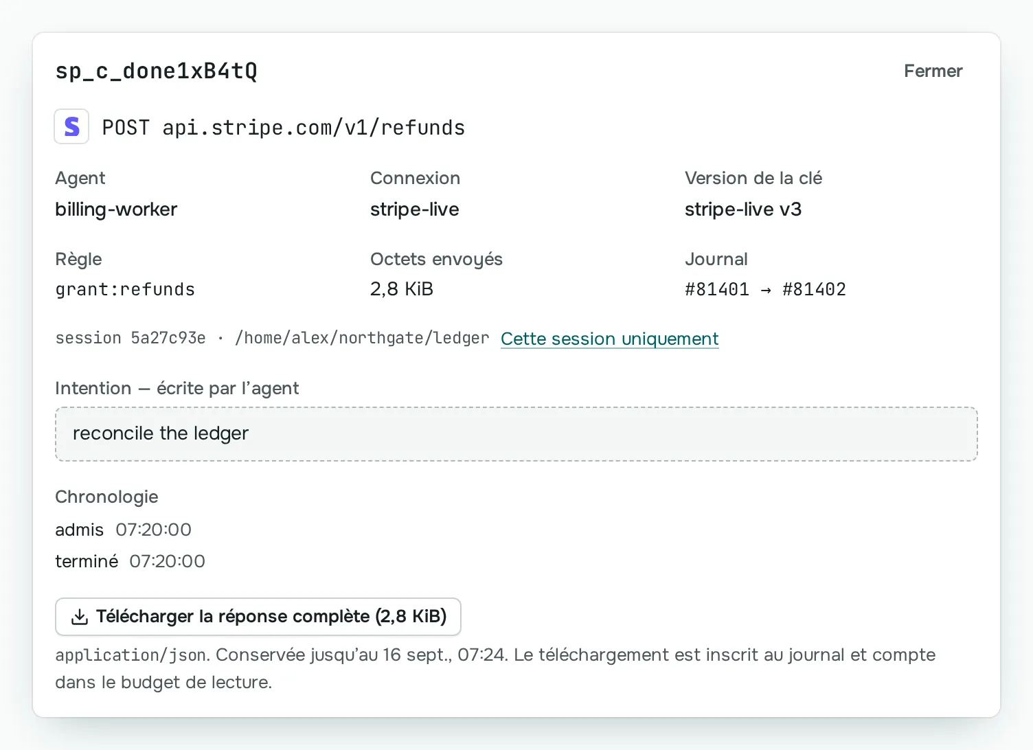 Un remboursement Stripe dans le journal Sallyport : passé par billing-worker avec la clé stripe-live, version 3, laissé passer par une autorisation permanente, inscrit au journal sous les entrées 81401 et 81402.