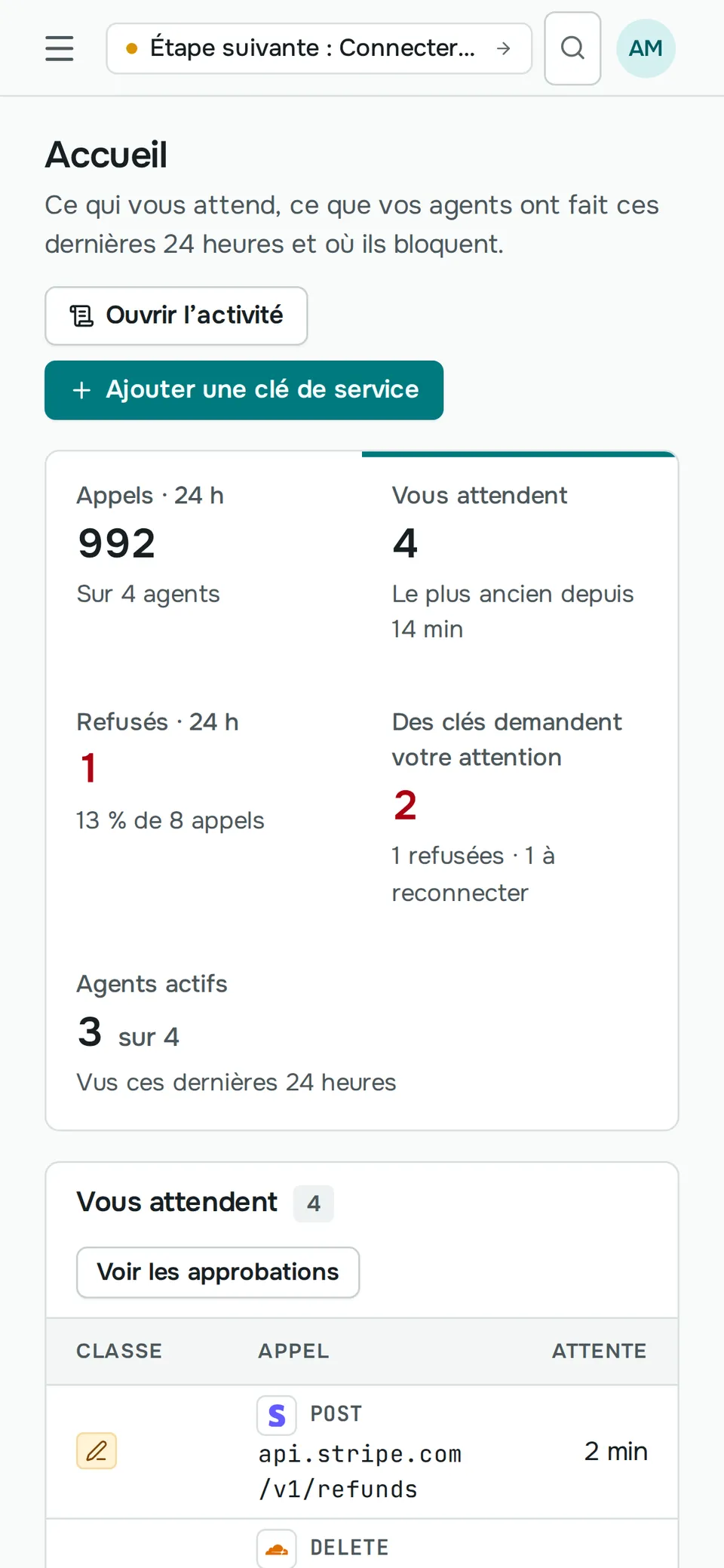 L’écran d’accueil de Sallyport sur un téléphone : les appels des dernières 24 heures, quatre en attente d’une personne, les clés qui demandent votre attention, et le remboursement Stripe en tête de la file d’attente.