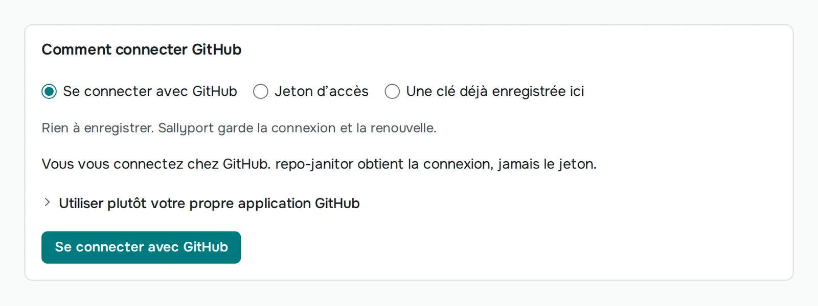 Un agent a demandé GitHub : la carte qui le connecte, avec Se connecter avec GitHub sélectionné. repo-janitor obtient la connexion, jamais le jeton.