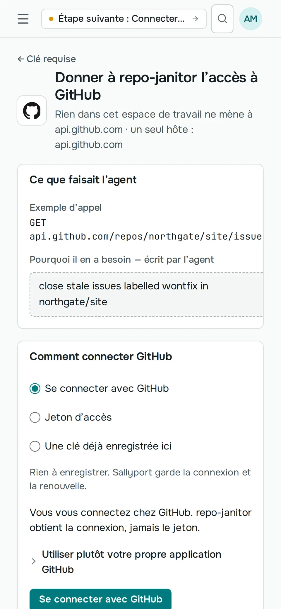 La même demande GitHub sur un téléphone : ce que faisait l’agent, pourquoi il a besoin d’un accès, et le bouton Se connecter avec GitHub.