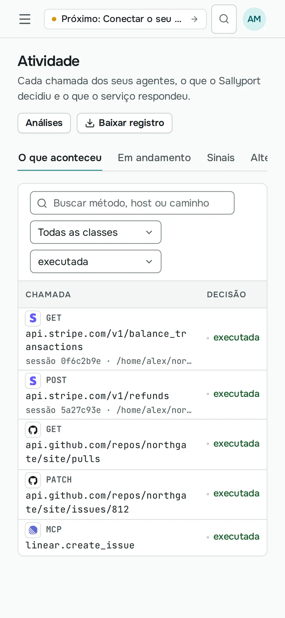 A lista Atividade no celular: chamadas para Stripe, GitHub e Linear, cada uma marcada como executada.