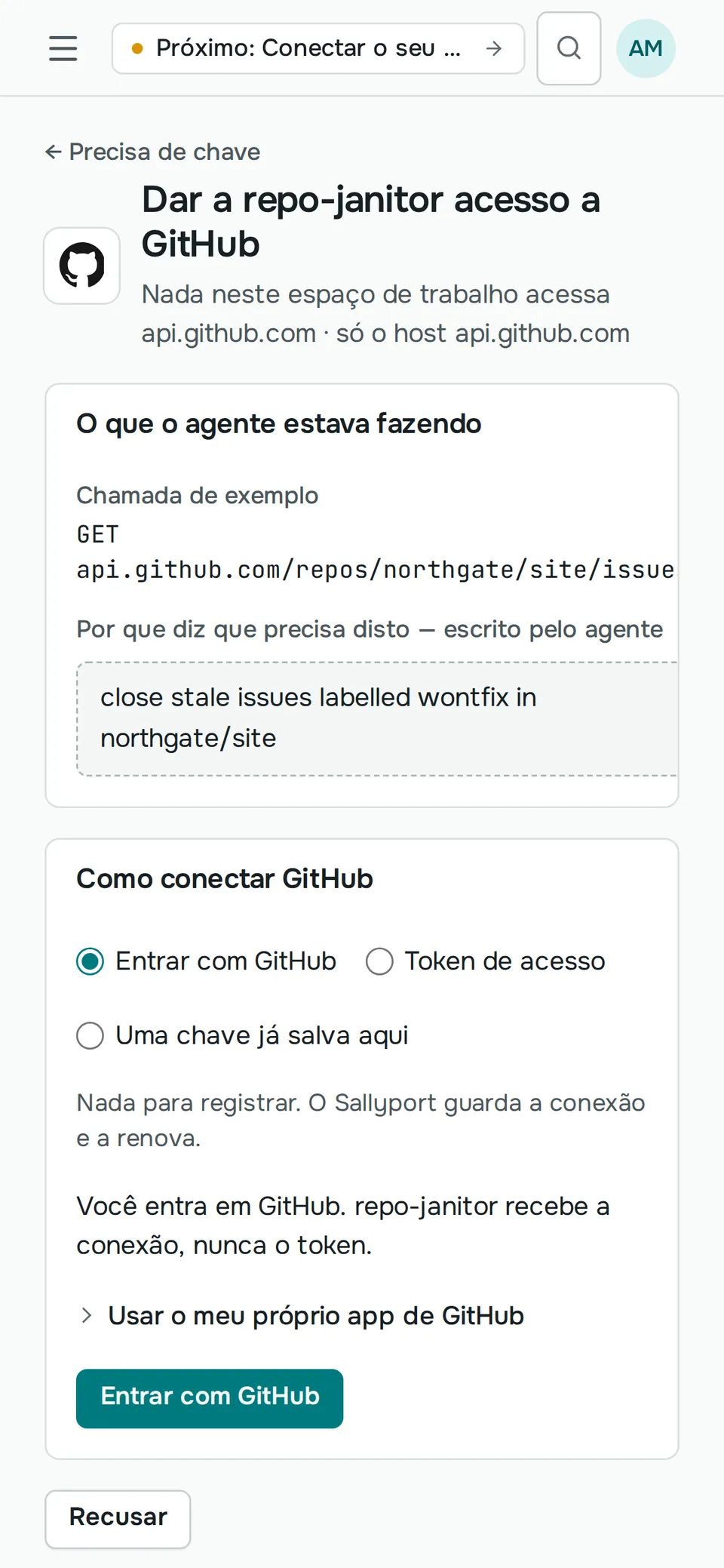 O mesmo pedido de acesso ao GitHub no celular: o que o agente estava fazendo, por que ele precisa de acesso e o botão Entrar com GitHub.
