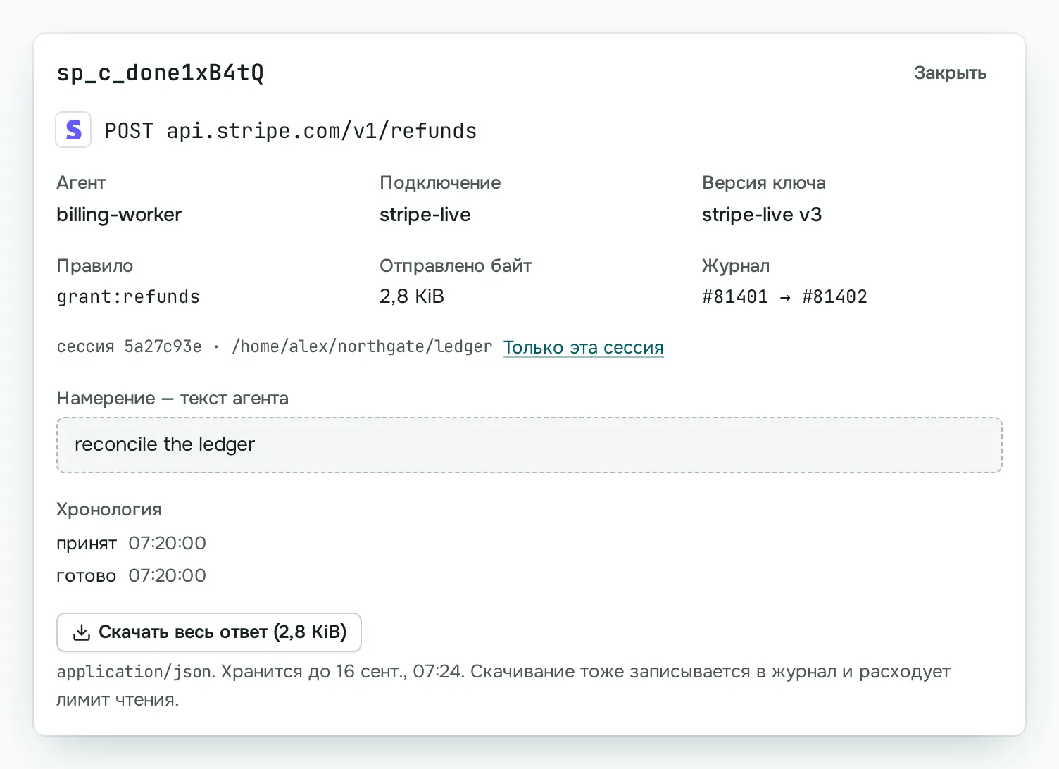 Один возврат платежа в Stripe в журнале Sallyport: вызов агента billing-worker с ключом stripe-live версии 3, пропущен по действующему разрешению и записан в журнал под номерами 81401 и 81402.